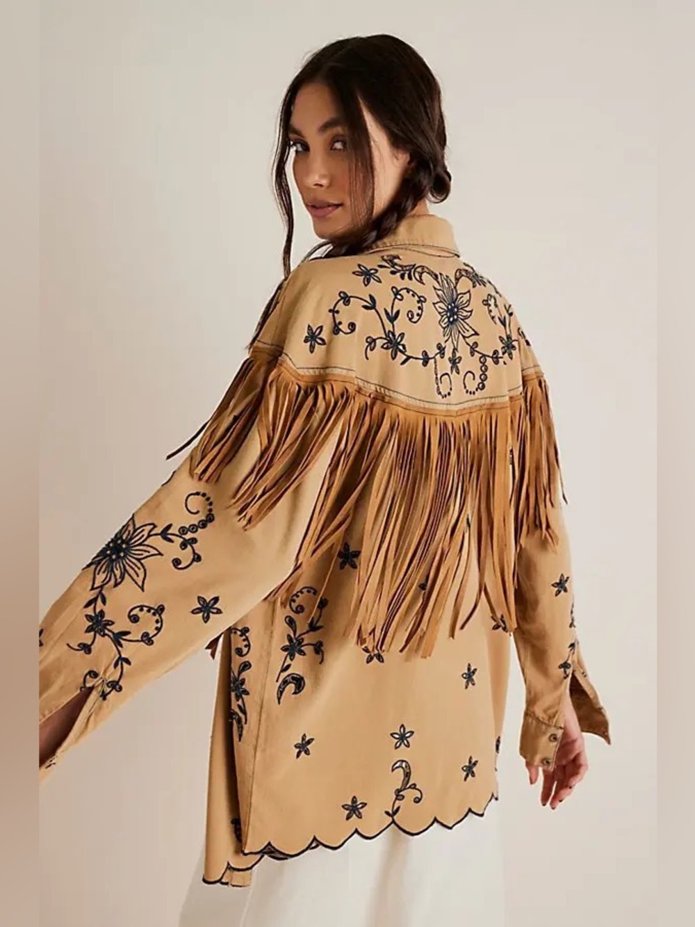 We The Free Great Plains Fringe Denim Top~ Iced Coffee